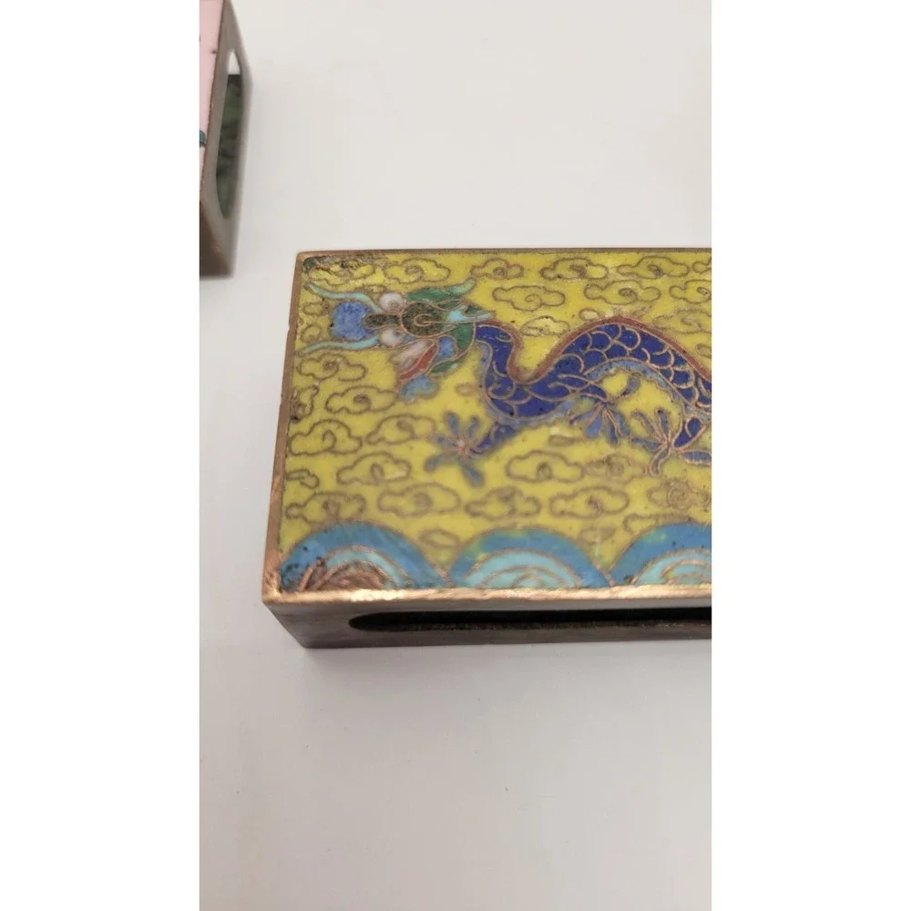 Lot of 3 vintage Chinese cloisonné enamel brass matchbox holders Dragon Flowers